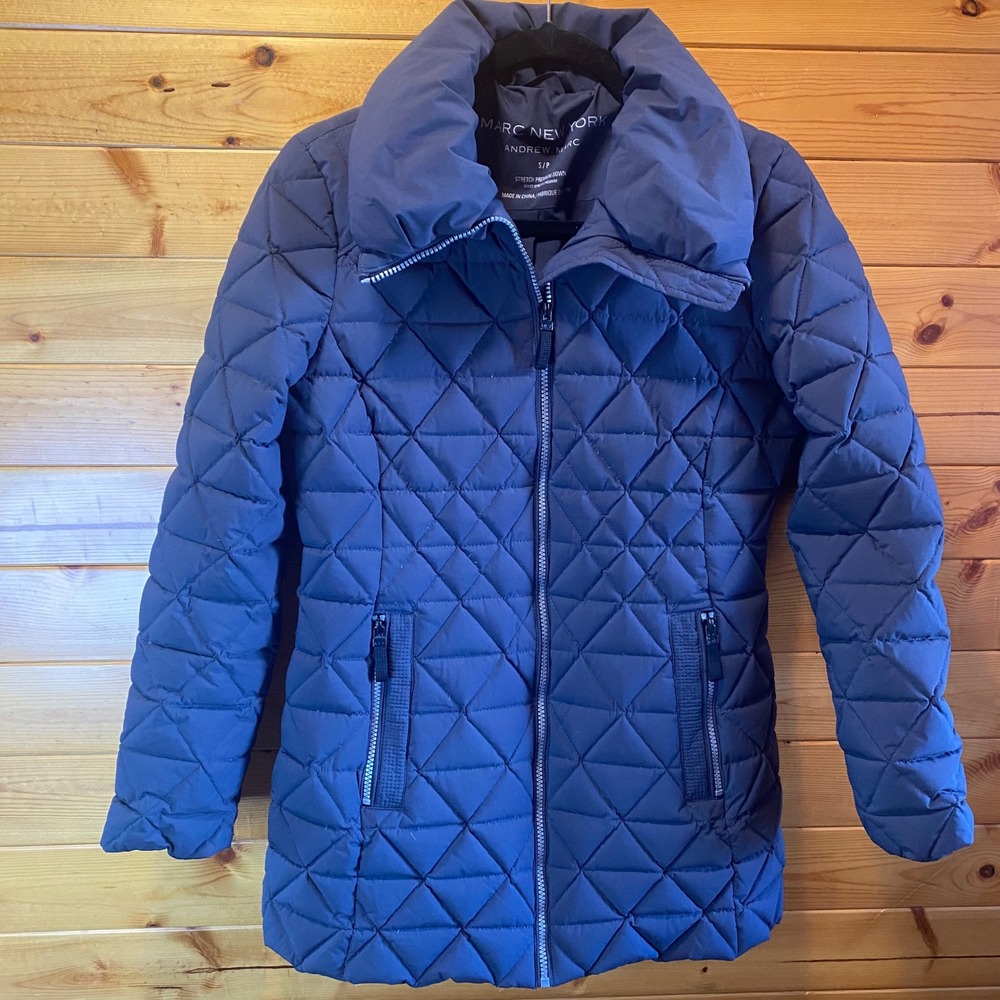 Marc New York Andrew Marc Quilted Down Stretch Puffer Coat Navy Blue Size S